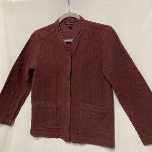Eileen Fisher Deep Claret Burgundy Textured Crepe Cotton Mandarin Collar Jacket
